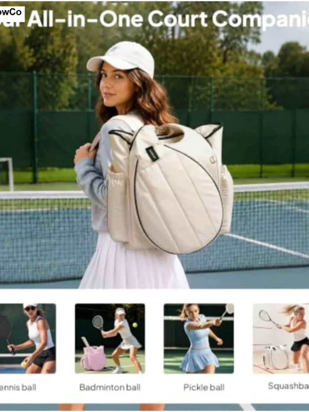 Quilted Tennis Backpack for Women, Racquet Bag with 40oz Bottle Holder